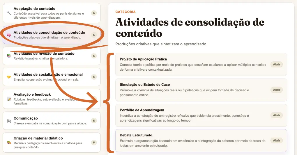 Navegação pelas categorias da plataforma