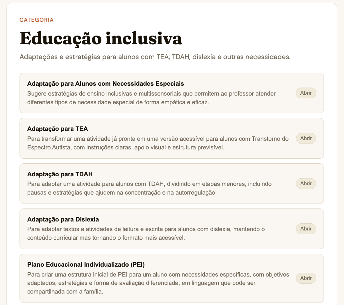 Vista de categoria com prompts listados