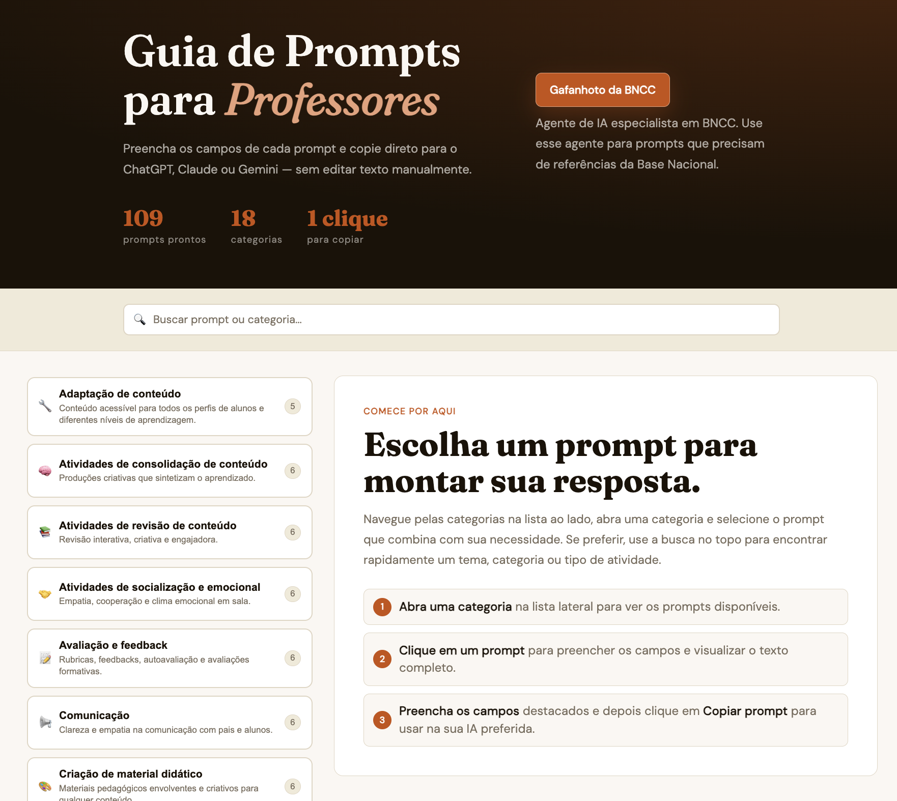 Interface do Guia de Prompts — visão geral com categorias e área principal